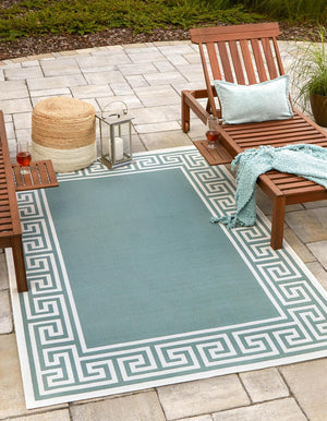Unique Loom Outdoor Coastal Caye Machine Made Border Rug Aqua, Ivory/Gray/Green 7' 10" x 10' 0"
