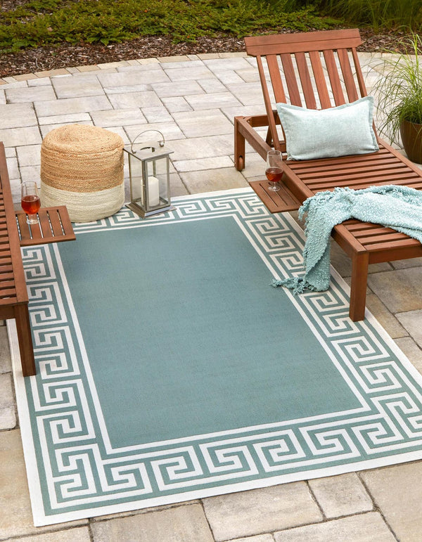 Unique Loom Outdoor Coastal Caye Machine Made Border Rug Aqua, Ivory/Gray/Green 7' 10" x 10' 0"