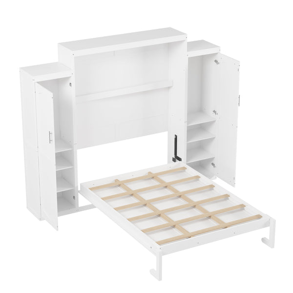 English Elm Queen Murphy Bed with 2 Wardrobes & Foldable Platform, Space-Saving White Queen Bedframe 650lbs N733S339767K