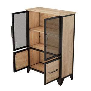 English Elm Storage Cabinet Matte Iron Four Door Sideboard with Adjustable Shelf for Modern Interiors Black+Natural W3151P407883
