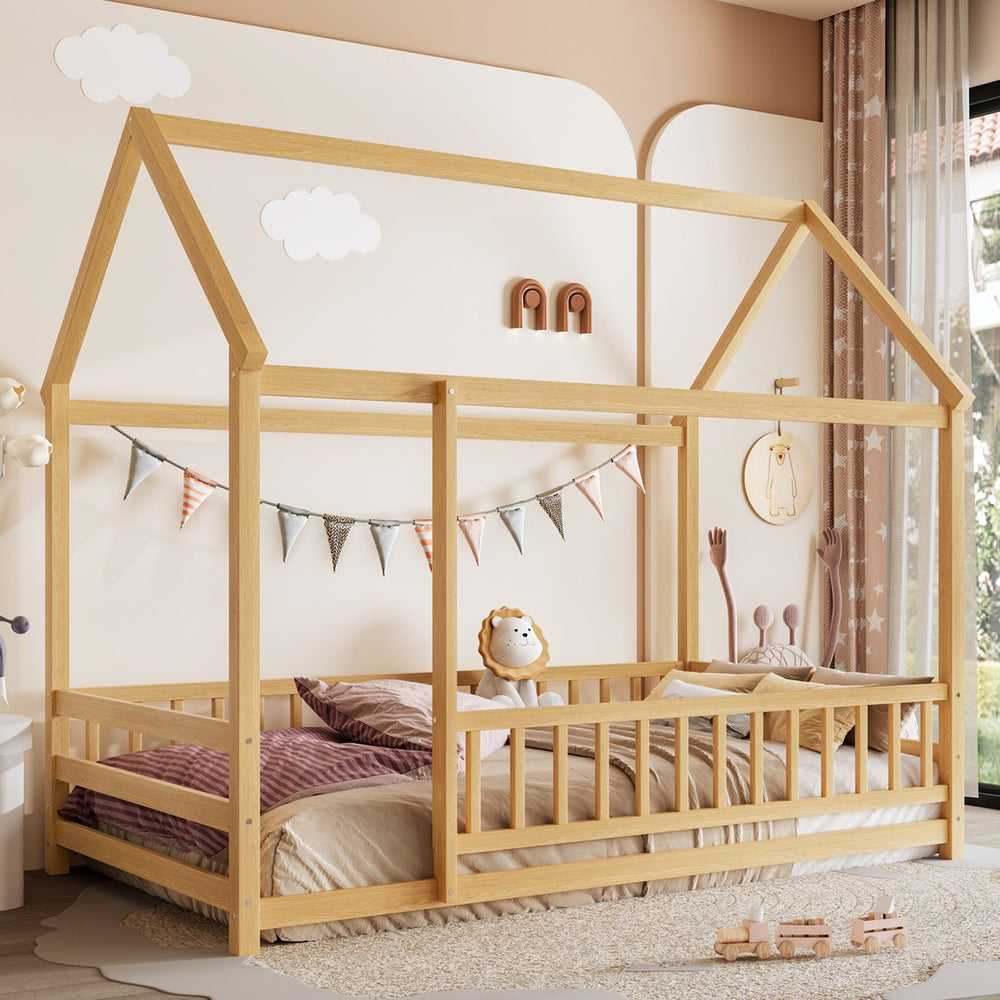 English Elm Twin Pine House Frame Floor Bed with Peaked Roof and Fence Guardrails for Kids Natural W1858P389939