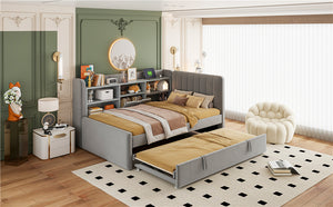 English Elm Twin Upholstered Daybed with Pull-Up Trundle, Velvet High Back with Shelves, Flip Storage & USB Gray SF000194AAE