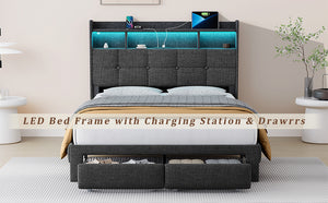 English Elm Full Linen Upholstered Bed with LED Lights, 20W Fast Charging, 2 Drawers & Memory Foam Headboard - Dark Gray W1550P190361