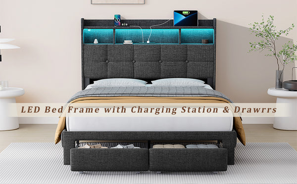 English Elm Full Linen Upholstered Bed with LED Lights, 20W Fast Charging, 2 Drawers & Memory Foam Headboard - Dark Gray W1550P190361