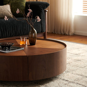 English Elm 39.3-inch Round Walnut Mosaic Inlay Coffee Table with Iron Base for Living Rooms W5098P417448