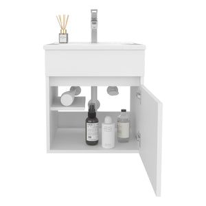 English Elm Primavera 18" Floating Bathroom Vanity with Dual-Door Cabinet & Two Shelves, Wall-Mounted White B070P337048