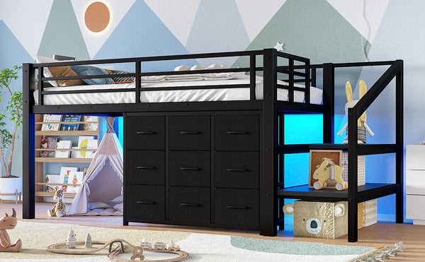 English Elm Twin Metal Low Loft Bed with Storage Stairs Fabric Drawers and Built-in Lights Black W5305S00045