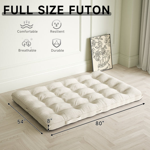 English Elm 8 Inch Foldable Corduroy Floor Mattress Full Size Sofa Bed Guest Sleeping Pad Beige T3210P477353