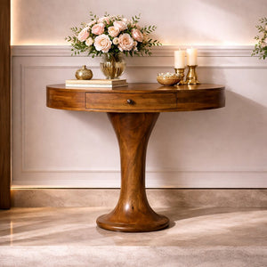 English Elm Solid Wood Amber Finish Pedestal Console Sculptural Entryway Accent Table B182P490920