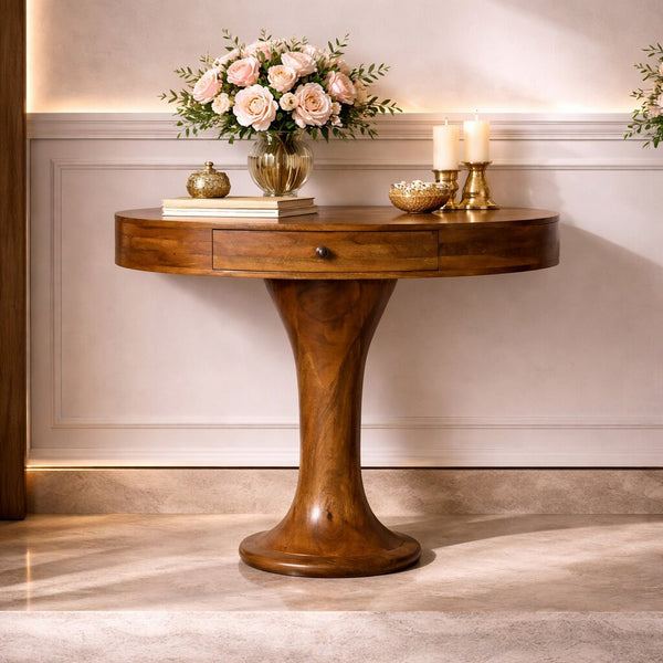 English Elm Solid Wood Amber Finish Pedestal Console Sculptural Entryway Accent Table B182P490920