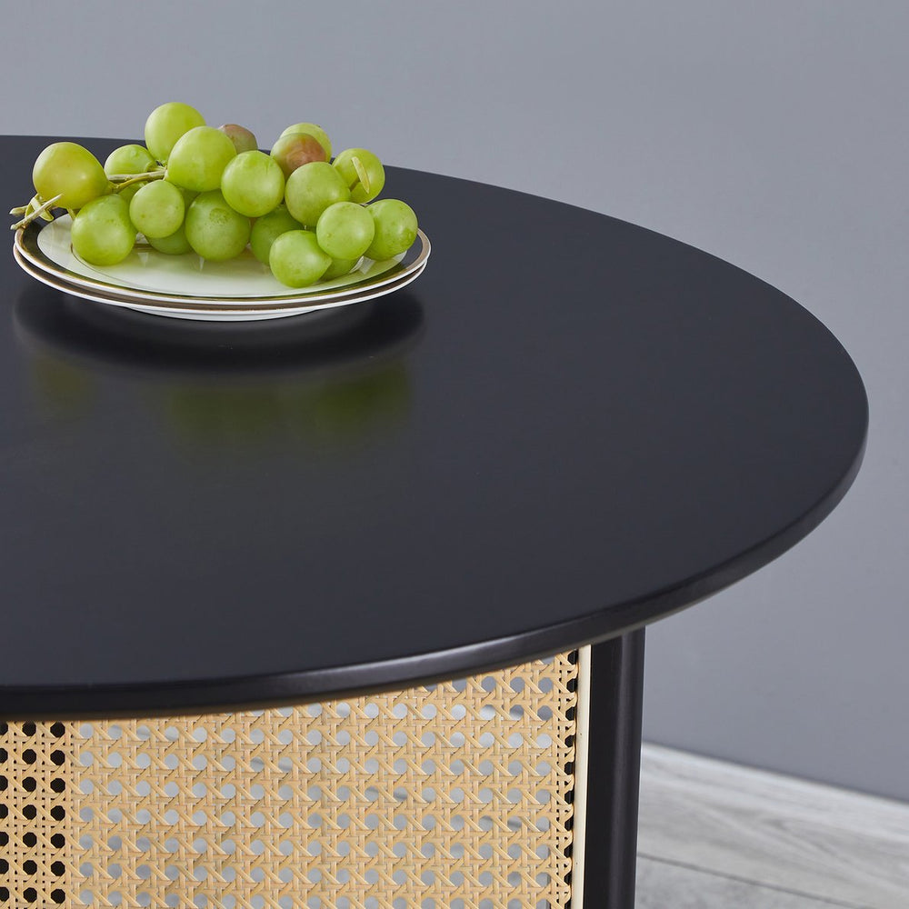 English Elm Black solid wood round table with rattan base, 31.5" diameter, 500 lb capacity, modern versatile dining centerpiece W2720P237621