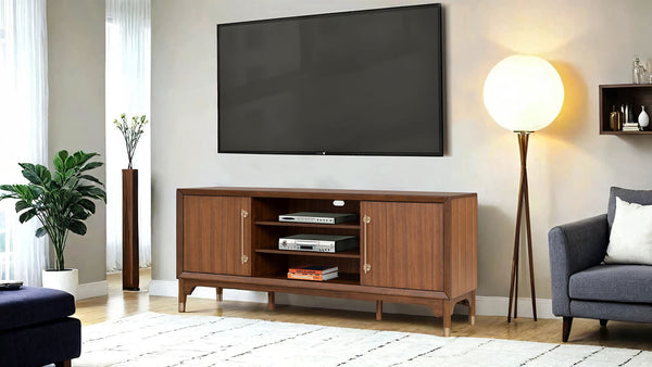 English Elm Mid-Century TV Stand with Gold-Capped Legs and Adjustable Shelves, Retro Modern 70" Media Console Walnut 73 L x 21 W x 31 H B2741P395431