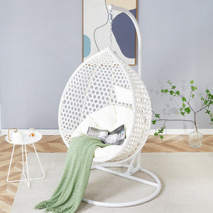English Elm 76.8-inch Hand Woven Rattan Egg Swing Chair Indoor Outdoor with Cushion Lumbar Pillow White W1512P498593