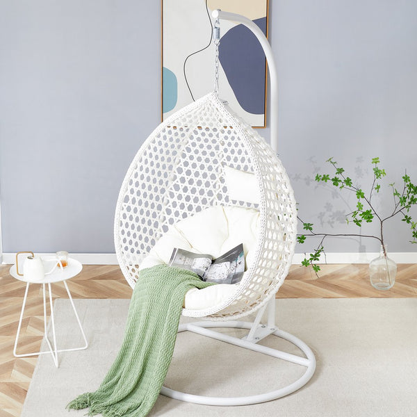 English Elm 76.8-inch Hand Woven Rattan Egg Swing Chair Indoor Outdoor with Cushion Lumbar Pillow White W1512P498593