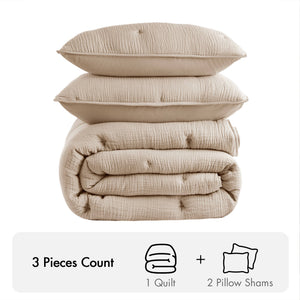 English Elm 3-piece King Cotton Muslin Quilt Set Crinkle Texture Embroidered Farmhouse Bedding B035P408350