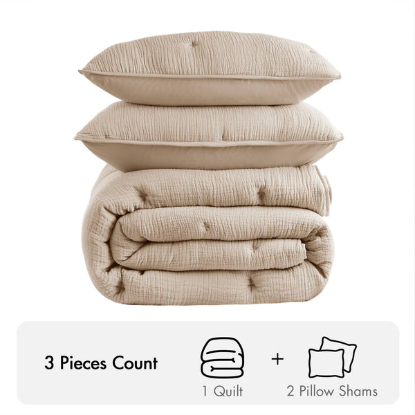 English Elm 3-piece King Cotton Muslin Quilt Set Crinkle Texture Embroidered Farmhouse Bedding B035P408350