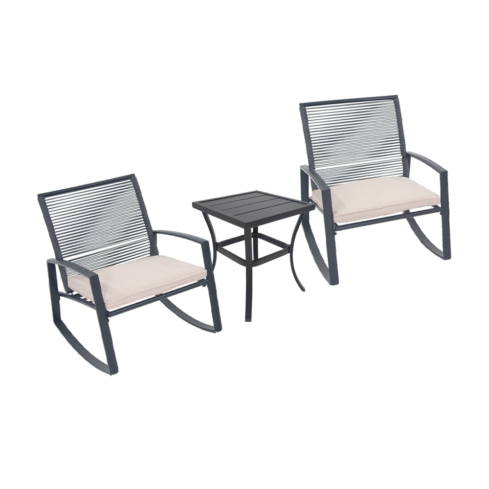English Elm 2-person Weatherproof Outdoor Patio Bistro Metal Rocking Conversation Set with Table, Rust-Proof Elegance Beige W1859P360027