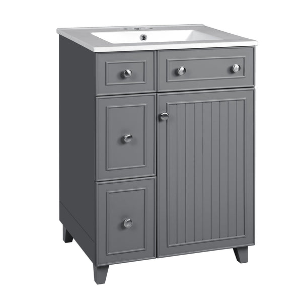 English Elm 24" Gray Bathroom Vanity Cabinet with Ceramic Sink, Soft-Close Door, 2 Drawers, Smart Storage, Durable Design N729P264336E