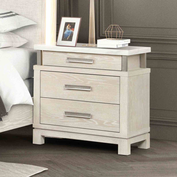 English Elm Transitional Marble Top Nightstand Weathered Gray Finish with Three Felt Lined Drawers B2741P431081