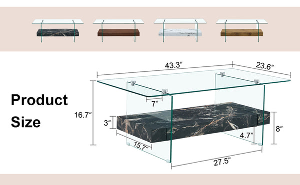 English Elm Rectangular Two Tier Glass Coffee Table with Marble Shelf for Modern Living Rooms W2920P226071