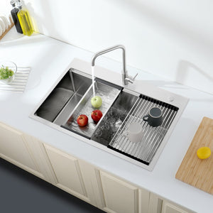 English Elm Stainless Handmade Single Bowl Drop-in Kitchen Sink with Cutting Board and Drain Grid T3177P286033