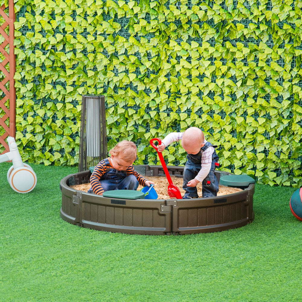 English Elm Outsunny Round Kids Sandbox with Cover Four Seats Hdpe Backyard Play Area W2225P200385