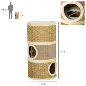 English Elm PawHut 3-Story Cat Condo Barrel House with Sisal Scratcher, Plush Lined Hideaway for Indoor Cats W2225P229193