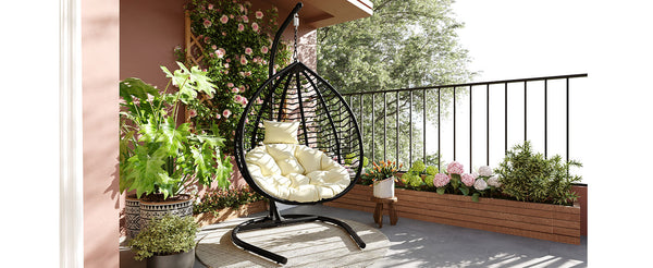 English Elm U_style Wicker Egg Swing Chair with Iron Stand Foldable Hanging Seat for Porch Balcony N711P389502A