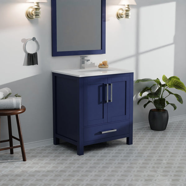 English Elm Navy 30" Bath Vanity with White Quartz Top, Soft-Close Drawer, Chrome Faucet & Spacious Storage B2731P259012