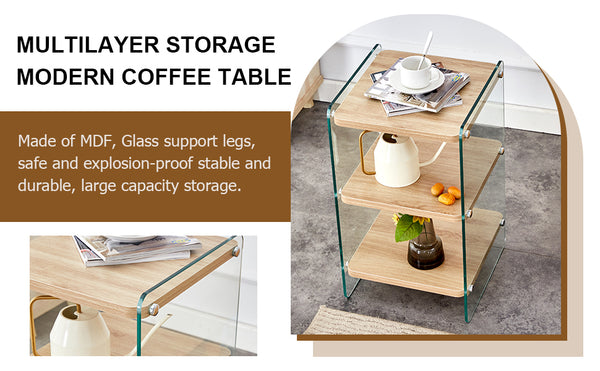 English Elm Three Triple-Layer Bedside Table with MDF Top & Tempered Glass Legs, Storage, Minimalist Warmth W1512P387008