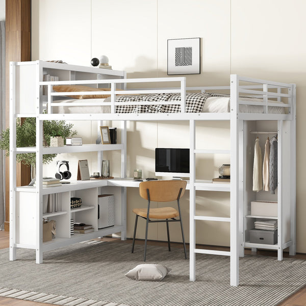 English Elm Metal Queen Size Loft Bed With L-Shaped Desk, Storage Cubes & Shelves For Kids, Teens & Adults W1580S00108