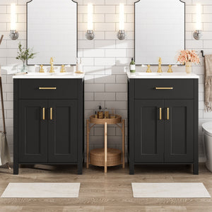 English Elm Modern 48 Inch Freestanding Bathroom Vanity Dual Ceramic Sinks Soft Close Gold Handles Black N729P000008B