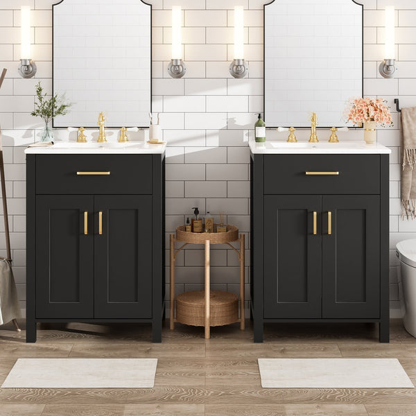 English Elm Modern 48 Inch Freestanding Bathroom Vanity Dual Ceramic Sinks Soft Close Gold Handles Black N729P000008B