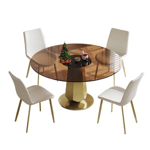 English Elm 53 Inch Round Smoked Glass Dining Table with Gold Steel Base Seats Eight W2700S00095