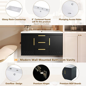 English Elm 36'' Wall Mounted Bathroom Vanity with Sink, Floating MDF Cabinet, 2 Drawers, Rust-Resistant Handles Black N710P253035B