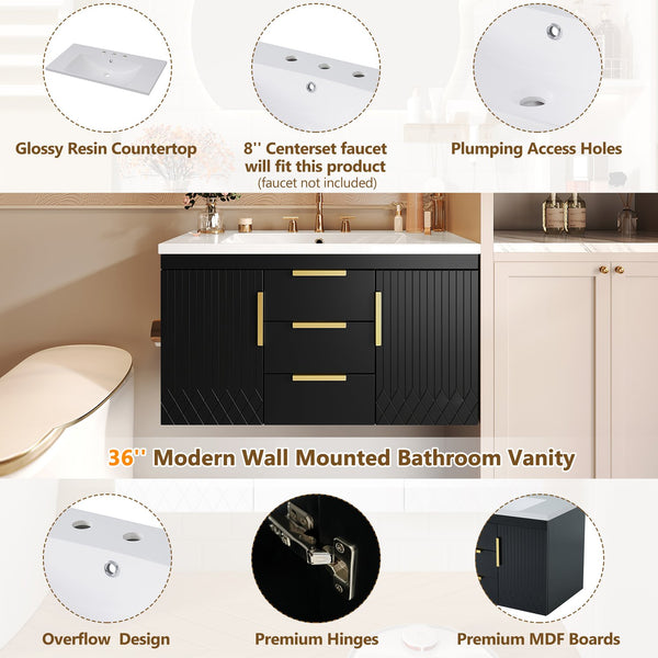 English Elm 36'' Wall Mounted Bathroom Vanity with Sink, Floating MDF Cabinet, 2 Drawers, Rust-Resistant Handles Black N710P253035B