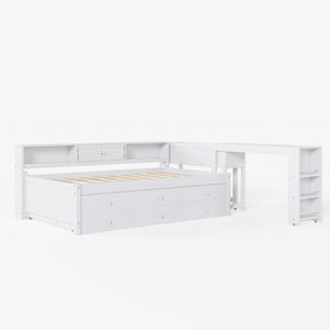 English Elm Twin Daybed Pine Frame with Trundle Desk Hutch Shelves and Storage for Kids Rooms White W1580S00458