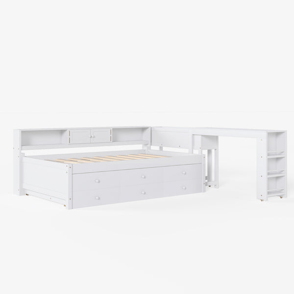 English Elm Twin Daybed Pine Frame with Trundle Desk Hutch Shelves and Storage for Kids Rooms White W1580S00458