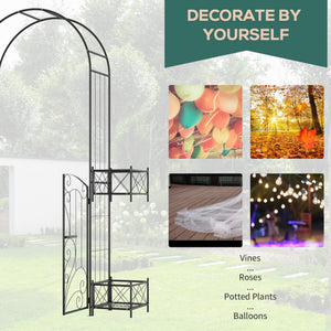 English Elm Outsunny 7' Garden Arch Arbor with Double Gate, Planters & Scrollwork Trellis for Vines, Black W2225P200806