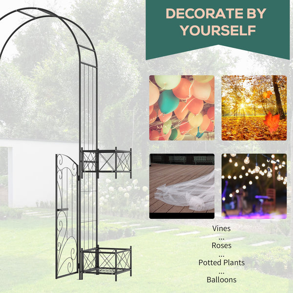 English Elm Outsunny 7' Garden Arch Arbor with Double Gate, Planters & Scrollwork Trellis for Vines, Black W2225P200806