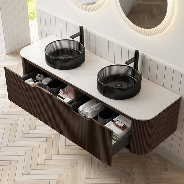 English Elm Dina 60 Inch Floating Bathroom Vanity Sintered Stone Top Dual Glass Basins Wood Grain Black,Carrara White,Walnut W2615S00244