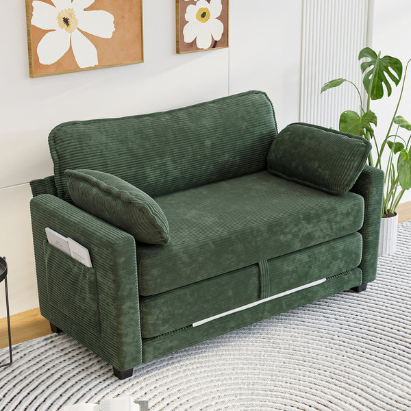 English Elm 2-in-1 Corduroy Loveseat Sleeper with Storage Converts for Living Room or Studio Dark Green W2715P409863