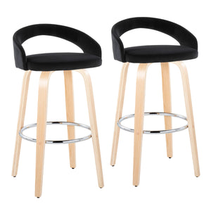 English Elm Fixed-height Swivel Barstools Velvet Seat Bent Wood Legs Chrome Footrest Set of 2 B202S01862