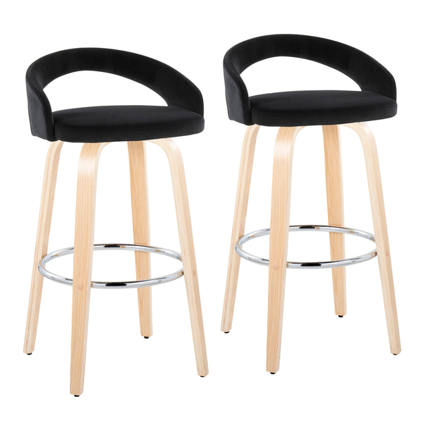English Elm Fixed-height Swivel Barstools Velvet Seat Bent Wood Legs Chrome Footrest Set of 2 B202S01862