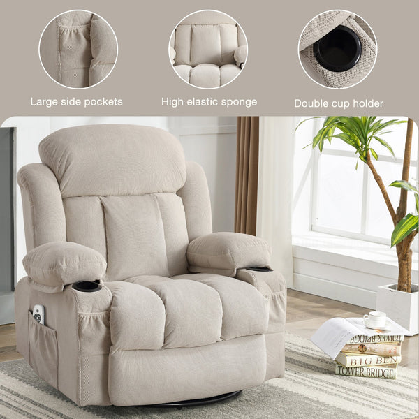 English Elm Swinging reclining massage sofa with 360° swivel, heated 8-point massage, USB & dual cup holders Beige W1521P303168