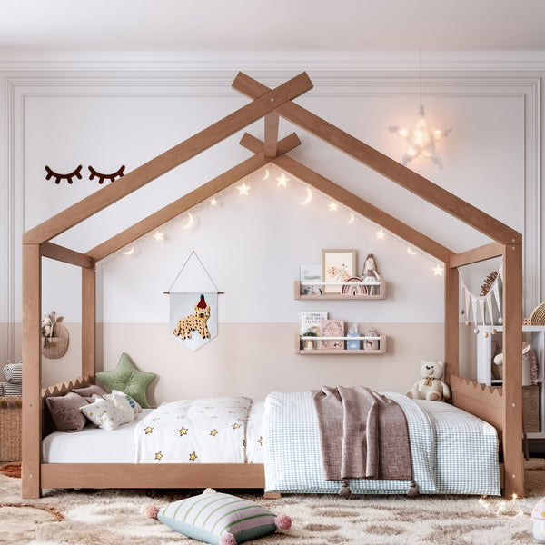 English Elm Queen House Shaped Floor Bed Solid Pine Frame Montessori Kids Bedroom No Box Spring W1580P438812