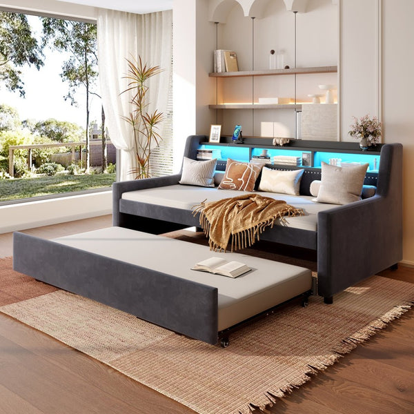English Elm Twin Size Daybed With Trundle, Plush Velvet Upholstery, Led Lights & Charging Station For Modern Spaces W1670S00026-GIGA