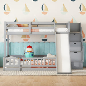 English Elm Twin Over Full Bunk Bed With Slide, Storage Staircase & Safety Guardrails - Grey Pine Design Fun! W504S00184-GIGA