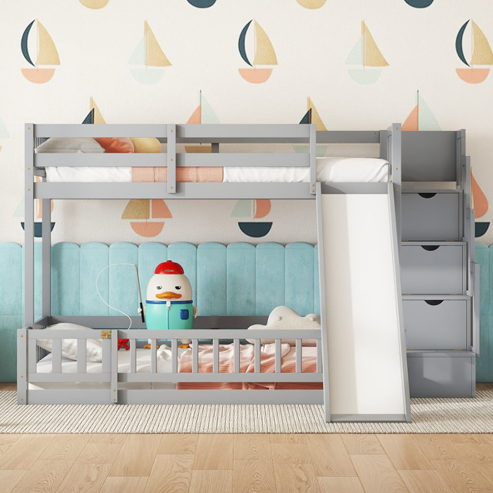 English Elm Twin Over Full Pine Bunk Bed with Fun Slide Storage Staircase and Safety Rails W504P210106