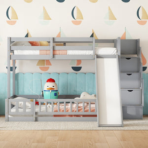 English Elm Twin Over Full Pine Bunk Bed with Fun Slide Storage Staircase and Safety Rails W504P210106